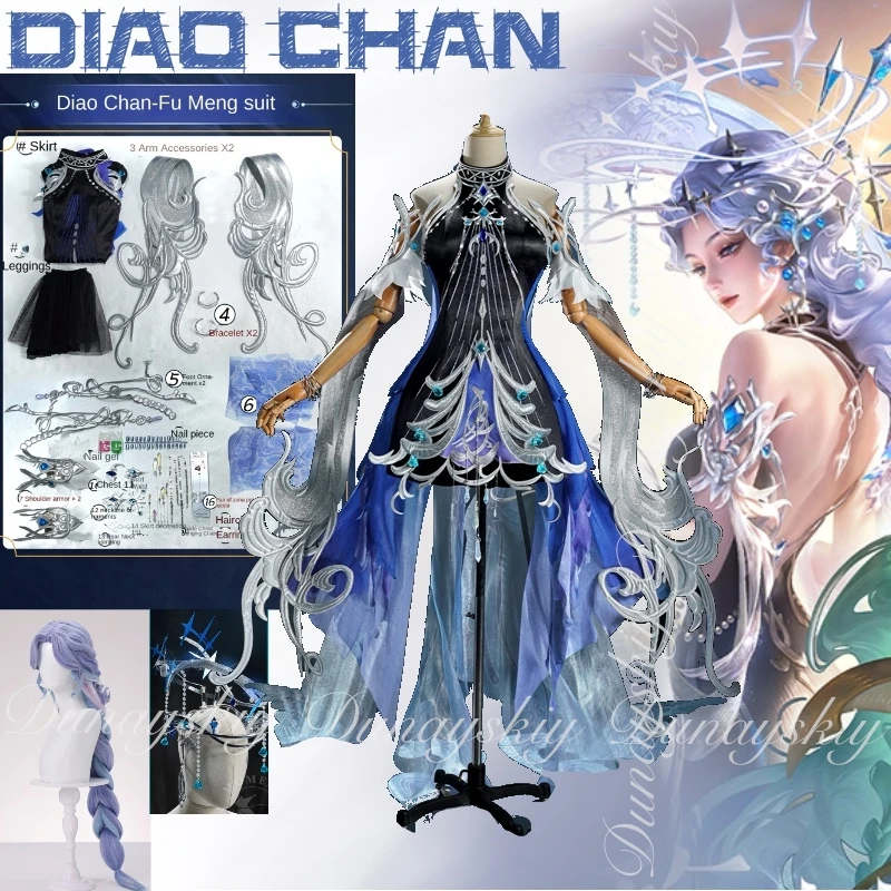 

Honor of Kings Game Diao Chan Cosplay The Skin Floral Zephyr With Black Blue Dress And Light Blue Wig Cosplay Costume All Of Set