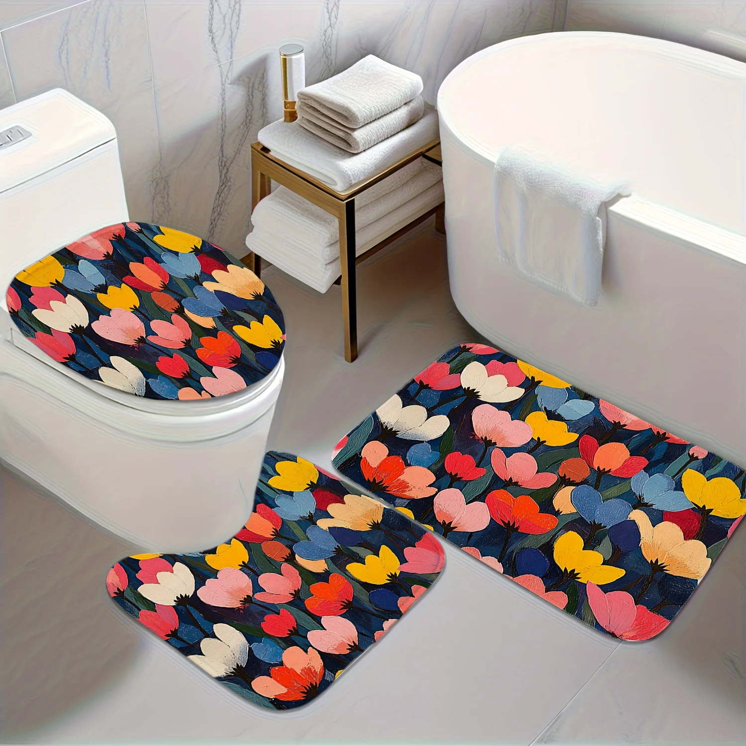 

Красочный цветочный набор для ванной из 3 предметов: темно-синяя основа, мягкий фланелевый чехол для унитаза, коврик для унитаза и напольный коврик, нескользящий декор для ванной комнаты