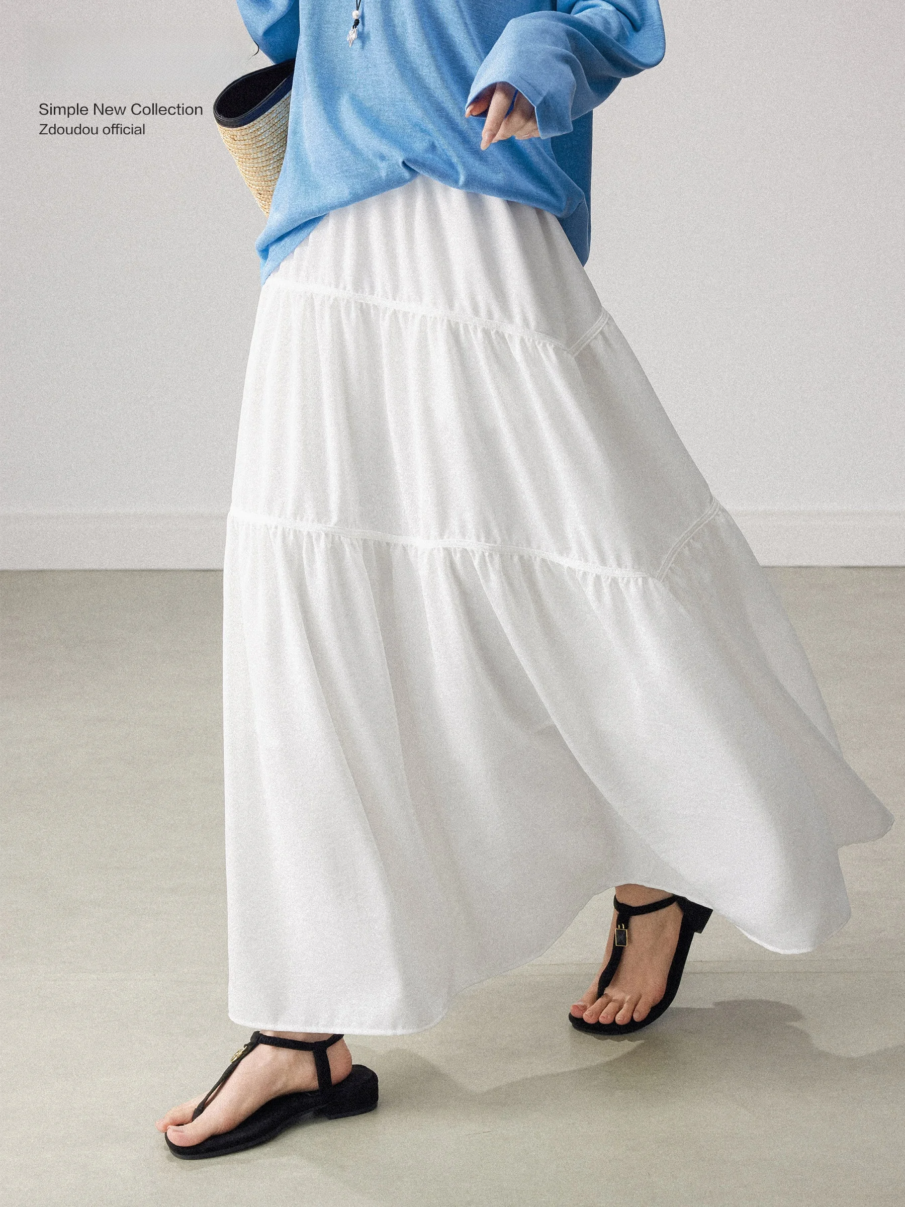 

White Cake A-Line Midi Skirt Women's High Waist Loose Slimming Summer New Style Chapter Bean Bean Half-length Skirt