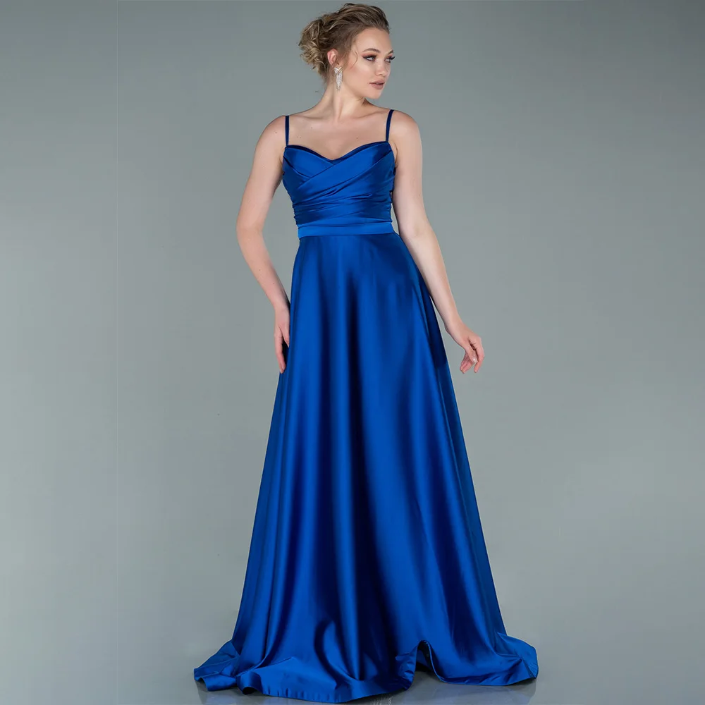 Vestido de noite feminino azul escuro de cetim, cintos de espaguete, cinto longo, linha A, vestido de casamento simples