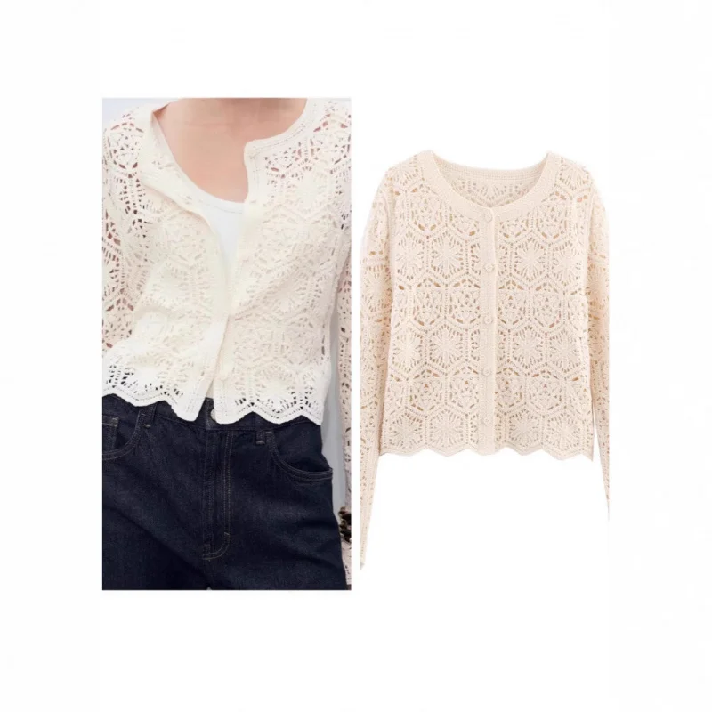 

Spring Summer Women's French Style New Round Neck Long Sleeve Hollow Wave Hem Versatile Knitted Top
