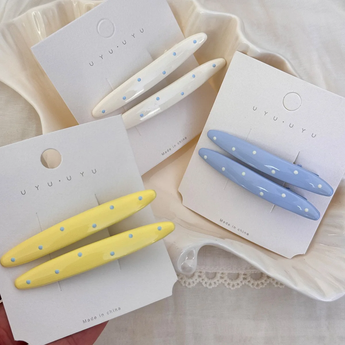 1pc Cream-Colored Blue-and-White Polka Dot Hair Clips Korean-Style Duckbill Clips Fashionable Sweet Hair Accessories