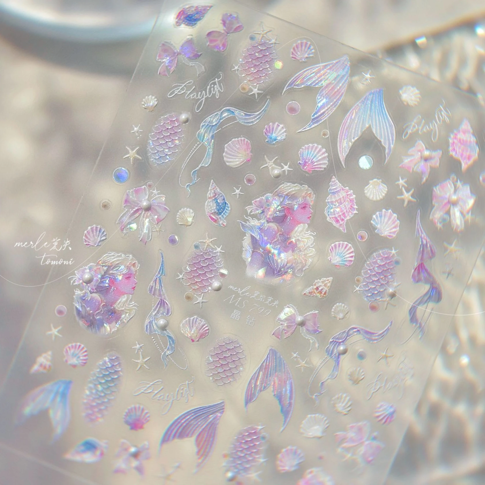 Mermaid Girl Conch Starfish Shell Bowknot Fish Scale Purple Ribbon Water Bubbles Chic Adhesive Nail Art Sticker Manicure Decals