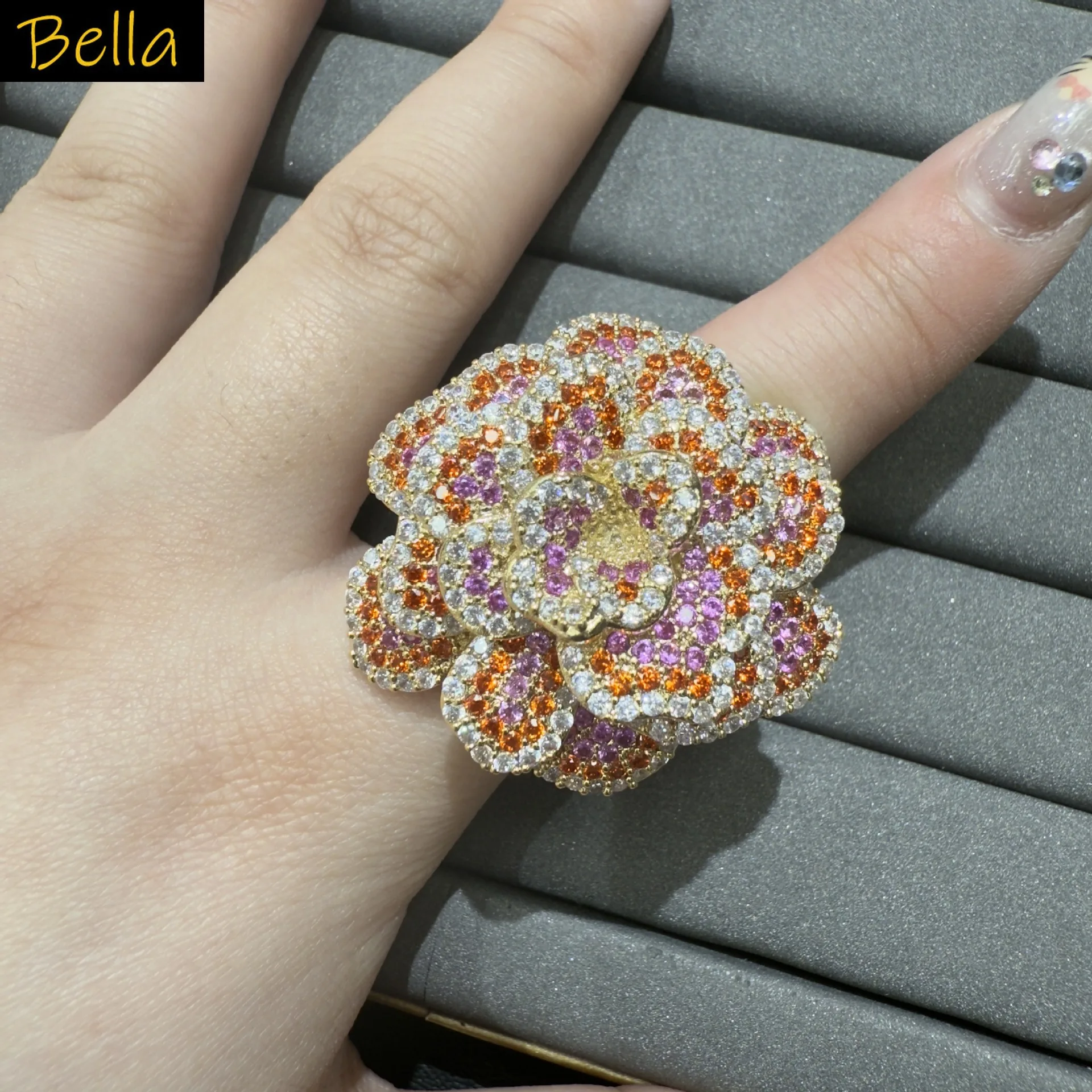 Gorgeous cubic zirconia ring for women luxury jewelry gala event wedding dinner party adjustable ring large flower multicolor