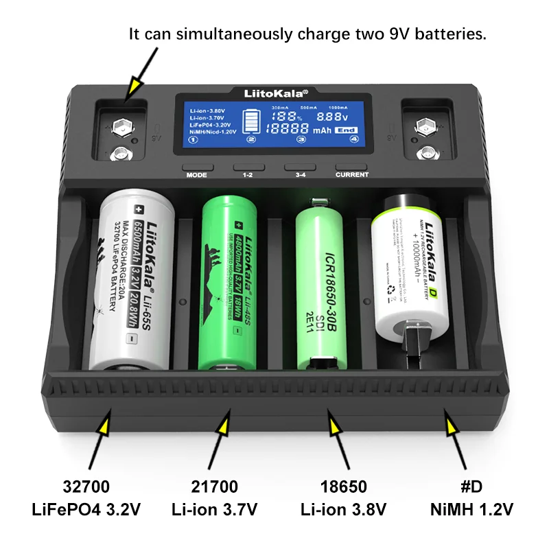 Liitokala Lii-D4 Lii-D4XL 21700 Battery Charger,Charging 18650 18350 18500 32700 20700B 10440 26650 1.2V 3.7V 9V AA /AAA Ni-MH