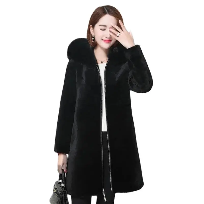 2023 neue Winter Faux Pelz Jacke Mit Kapuze Parkas Mantel Verdicken Damen Warme Lange Mantel Imitation Schafschur Kaschmir Outcoat