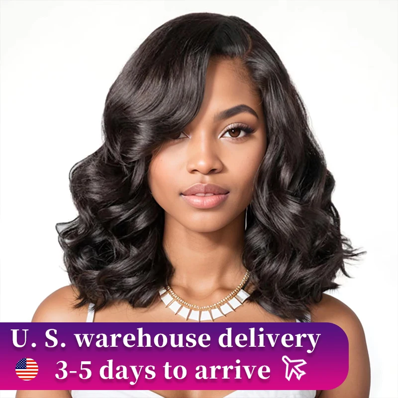 Short Body Wave Bob Wigs Loose Wavy Human Hair Bob Wig Left Side Part 5x5 Transparent Closure Lace Front Wig Natural Black