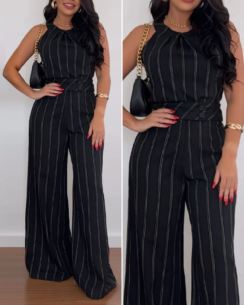 

Commuter Women's Jumpsuit 2025 Spring New Fashion Striped Print O-Neck Sleeveless High Waisted Casual Daily Wide Leg Jumpsuit