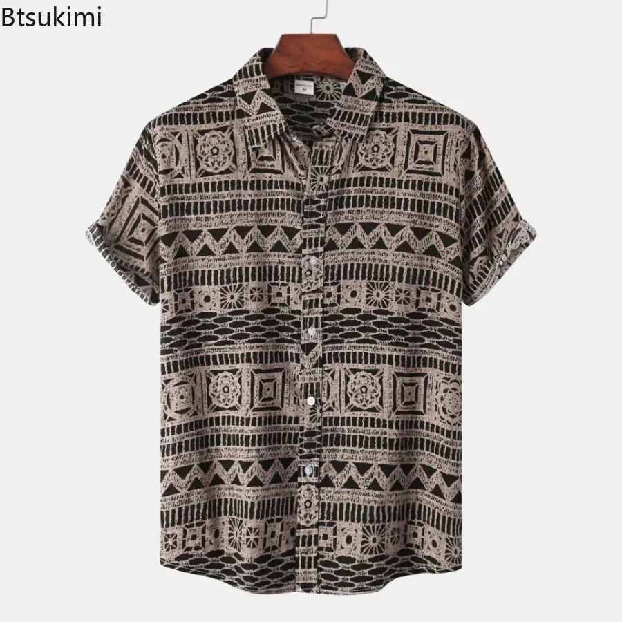 2025 Men's Ethnic Style Printed Shirts Summer Short Sleeve Casual Loose Tops Fashion Retro Daily Beach Holiday Shirt Male Blouse
