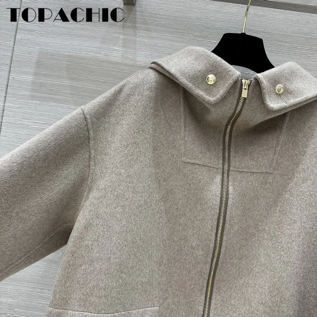 9.2 TOPACHIC-Women\'s Hooded Drawstring Waist Double-Side Woolen Keep Warm Coat Classic Big Pocket Zipper Loose Outerwear