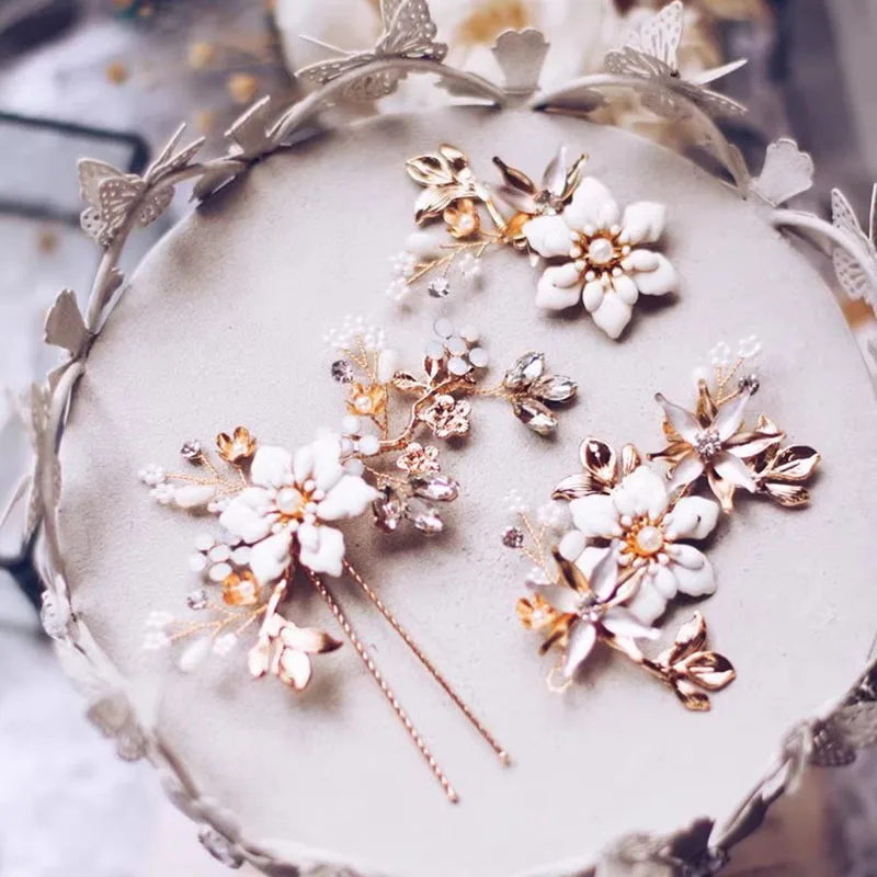 

Gold Floral Hair Pin Bridal Clip Handmade Wedding Prom Hair Jewelry Women Short Headband
