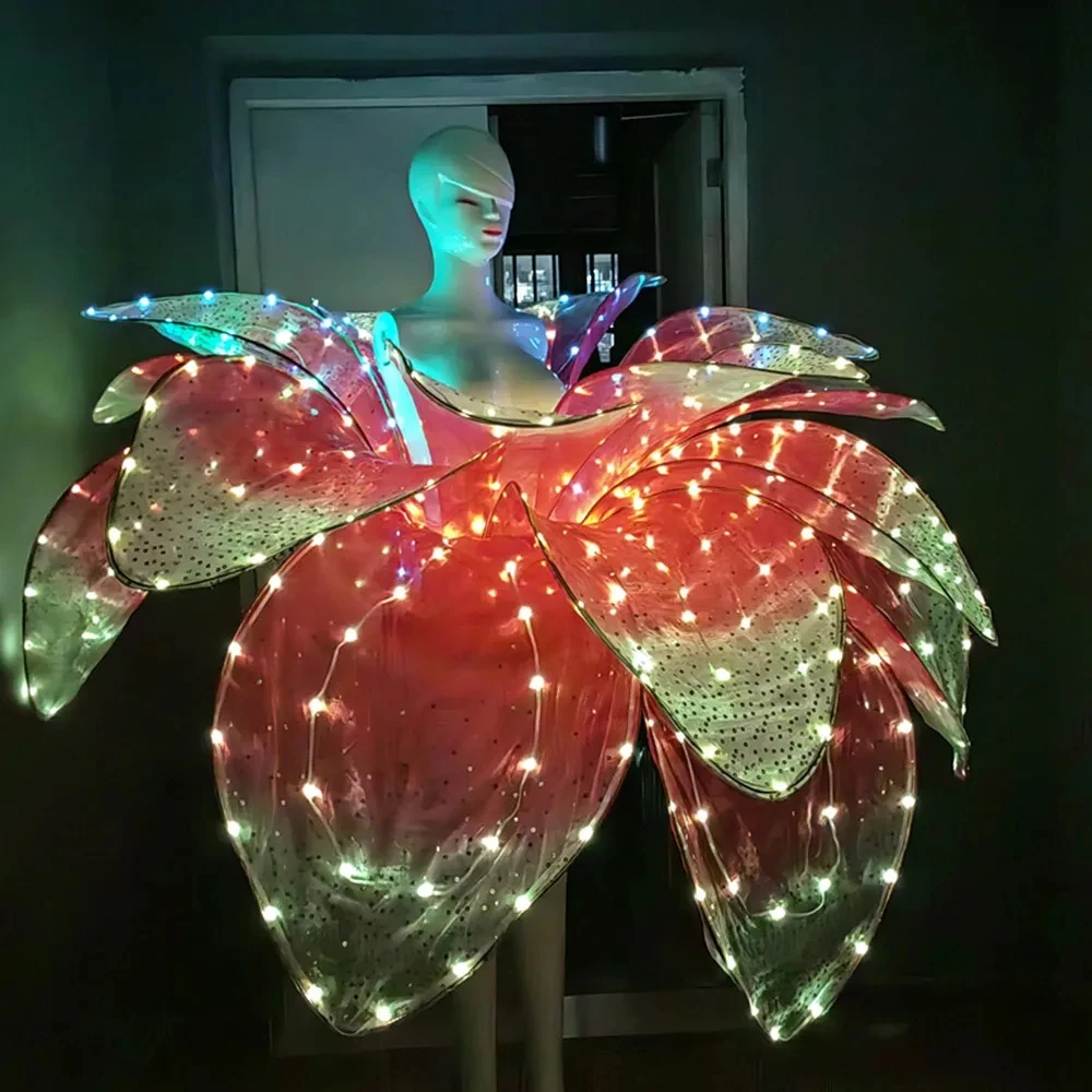 LED Color Change Petal Skirt Flower Opening Dance Big Swing Dress Dance Performance Dress LED Robot Suit Blossom Long Dress