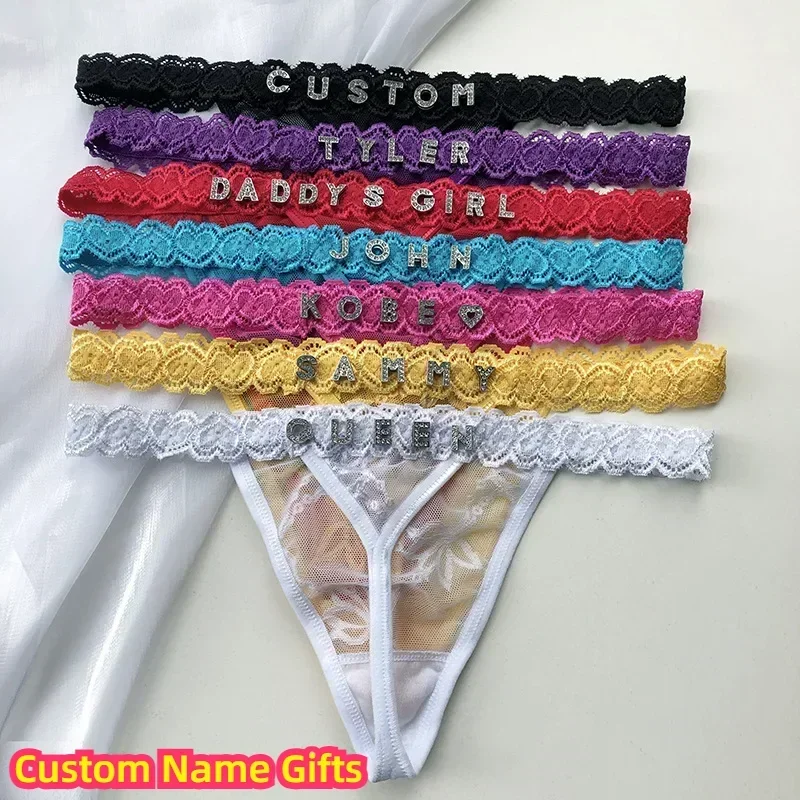 Custom Personalized Crystal Letters Name Thong Lovers Holiday Gift G-String Sexy Lace T-shaped Underwear Tanga Panties for Women