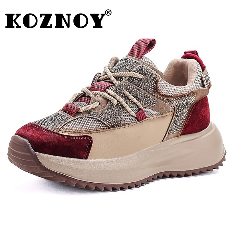 

Koznoy 5cm Air Mesh Suede Genuine Leather Comfy Platform Wedge Women Mary Jane Chunky Sneaker Bling Fashion Shoes Ethnic Summer