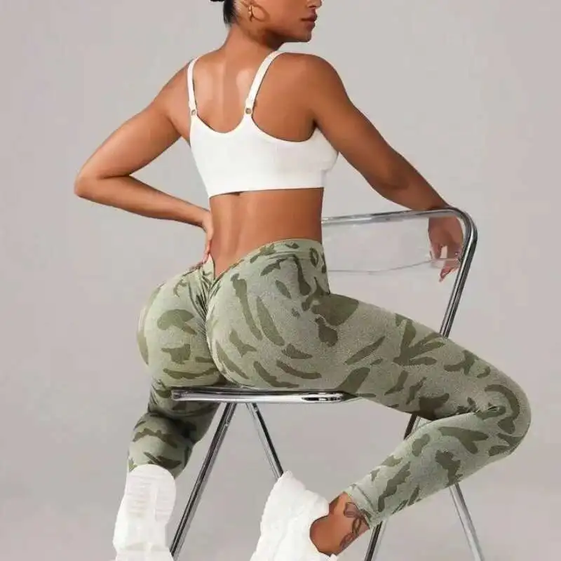 Seamless V-Waist Women Knited Yoga Fashion Camo High Waist Stretchy Leggings Outdoor Running Workout Pants Female