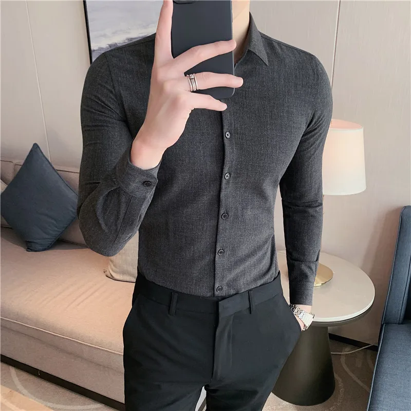 British Style Luxury Solid Dress Slim Fit Shirts Men Long Sleeve Business Simple Casual Shirt Formal Social Club Party Shirt