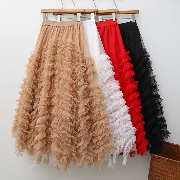 Fairy Tulle Ball Gown Skirts Women 2024 Dreamy Pink Cake Skirt with Irregular Swinging Mesh Long Maxi Skirt