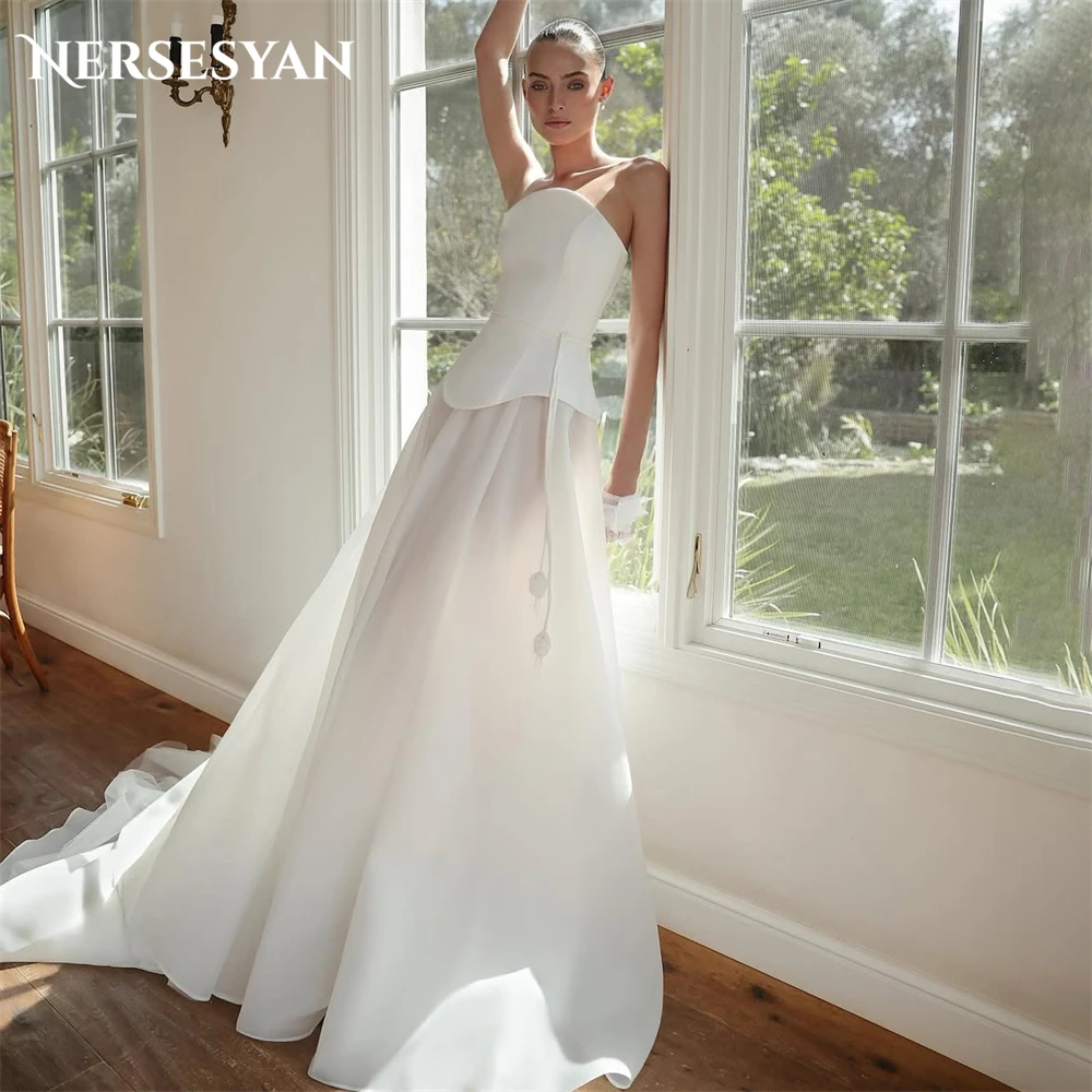 

Nersesyan Elegant Satin Wedding Dresses Off Shoulder A Line Organza Bridal Gowns Backless Sleeveless Bride Dress 2025 Customized