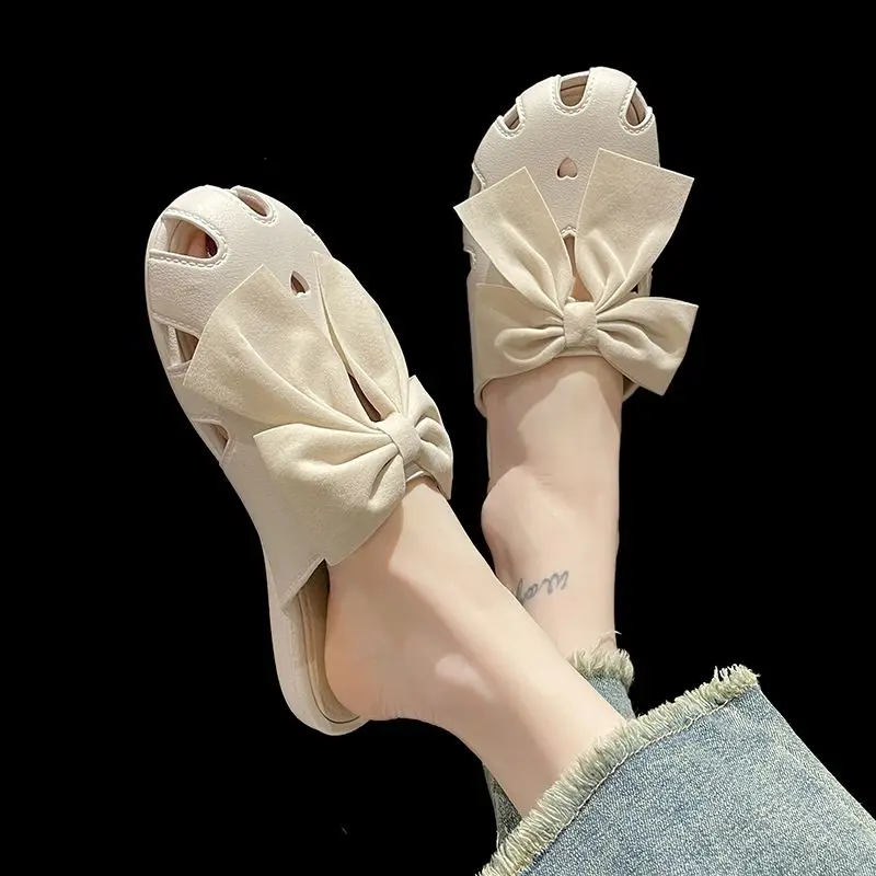 Summer Cute Woman Slippers Mules Slides Kawaii Sandals With Bow Shoes For Women 2024 Round Toe Pink Flat H Sandal Chic Point Hot