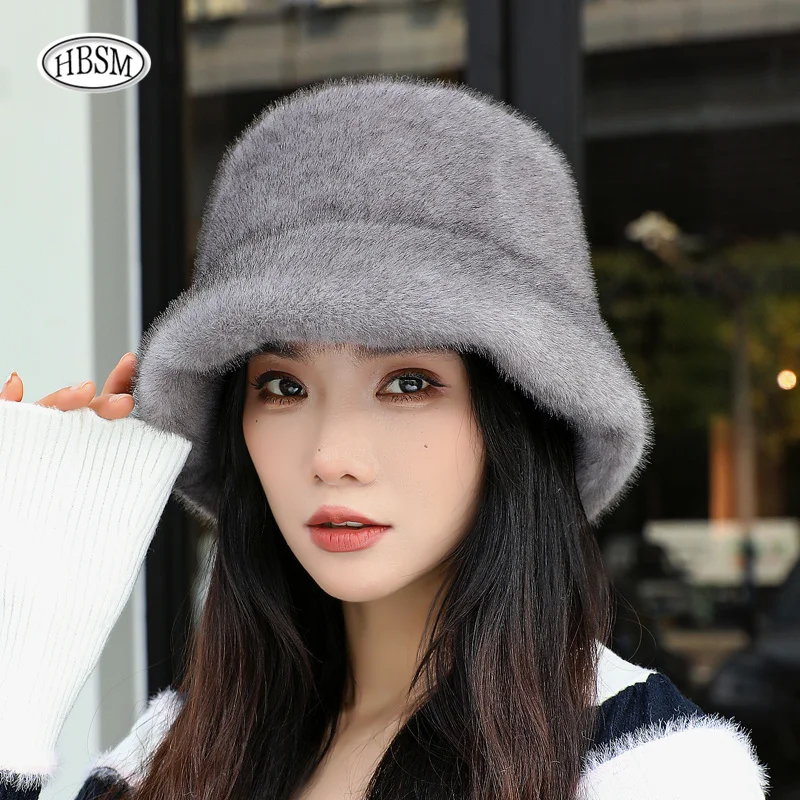 Balde de pele de vison falso elegante bonés de inverno feminino novo design moda chapéus de pele artificial malha quente gorros de pele de vison falso chapéu