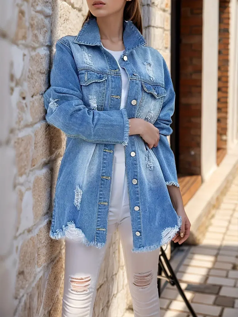 Women Ripped Lapel Irregular Furred Hem Denim Jacket Button-open Pocket Denim Jacket