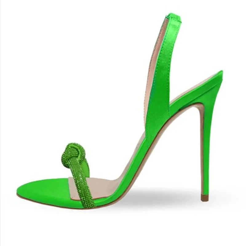 

Glittering Crystal Knot Band Women High Heel Sandals Green Blue Pink Satin Peep toe Thin Heels Banquet Slingback Shoes 10CM