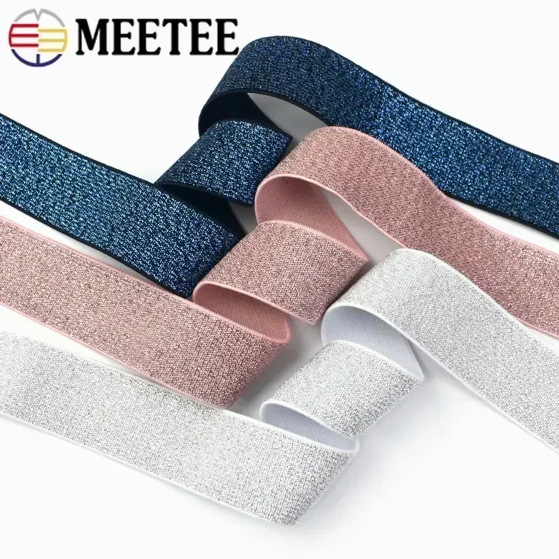 Meetee 2/5/10M 25-50mm Nylon Spandex Tape Gold Silver Silk Elastic Band Rubber Webbing Waistband Skirt Belt Sewing Accessories