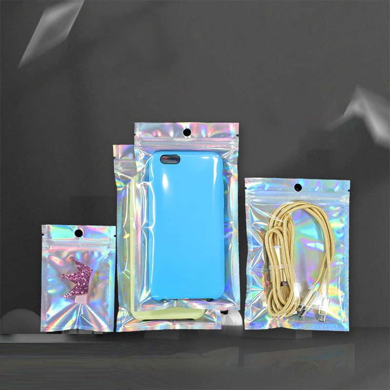 50/100pcs Holographic Laser Color Mylar Bag Resealable Clear Thicken Plastic Pouch Ziplock Bags for DIY Jewelry Packaging