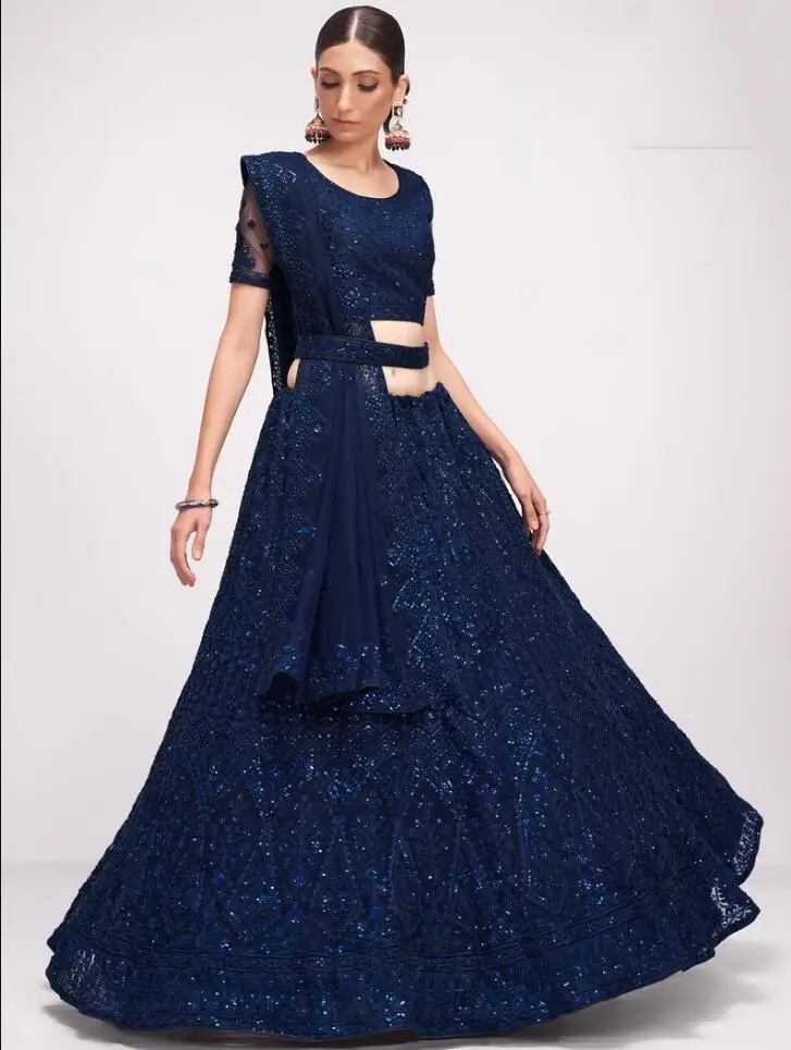 Navy Blue Lehenga Choli Prom Dresses with Wrap Embroidered Indian Choli With Soft Net Dupatta Long Sleeve Evening Gown