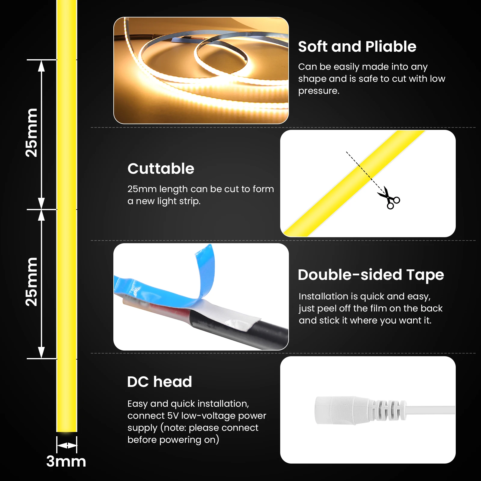 Flexível COB LED Strip Light, fita de alta densidade, PCB Light Bar, branco quente, branco natural, DC 5V, 320LEDs por m, 3mm, 5mm, 8mm