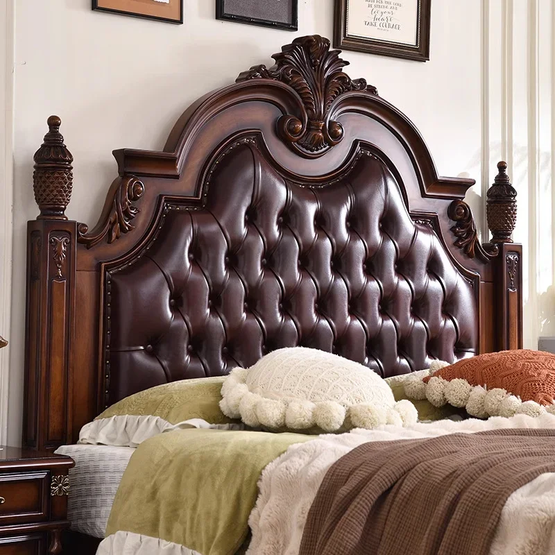 2026 Farmhouse Bedroom Furniture Set Luxury Antique Bedroom Set Antique Wooden Queen/King Bedroom Genuine Leather Cover