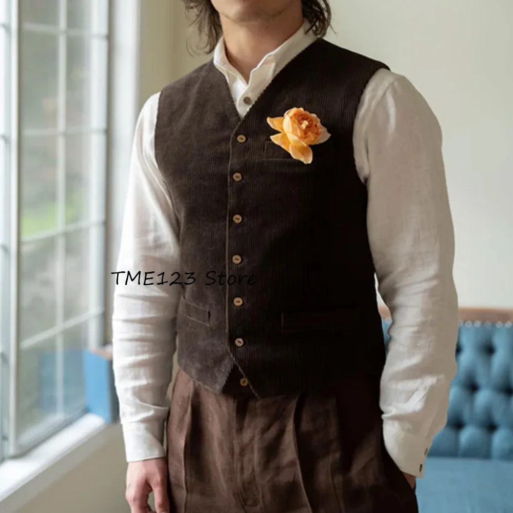 

Удобный модный костюм, жилет, винтажный вельветовый тканевый жилет с прямыми карманами и v-образным вырезом, социальный мужской жилет, облегающий рабочий жилет без рукавов