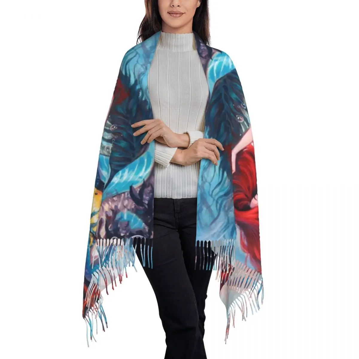 Little Mermaid การ์ตูนผ้าพันคอยาวพู่อุ่น Shawl Wrap ผู้หญิงออกแบบผ้าพันคอฤดูหนาวแฟชั่น Foulard