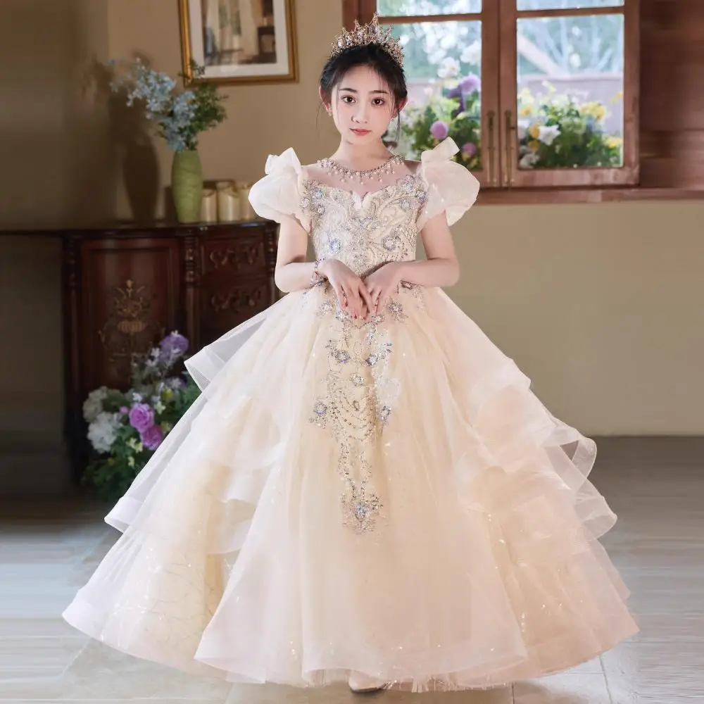 

Flower Girl Wedding Party Dresses Summer New Champagne Girls Princess Dress High Neck Long Gowns Sequined Ball Gown Customized