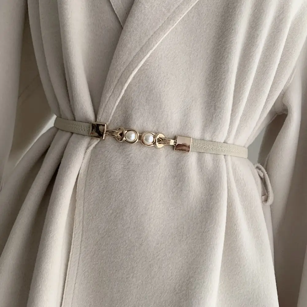 

Elegant Simple Knot For Women Double Pearl Metal Buckle Leather Belt Thin Waistband Dress Decoration Female Waist Strap