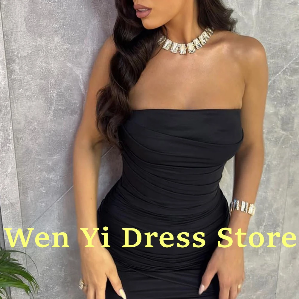 Simple Black Strapless Mermaid Jersey Evening Dress Sweep Train Floor Length Classic Sleeveless Solid Color Pleats Party Dress