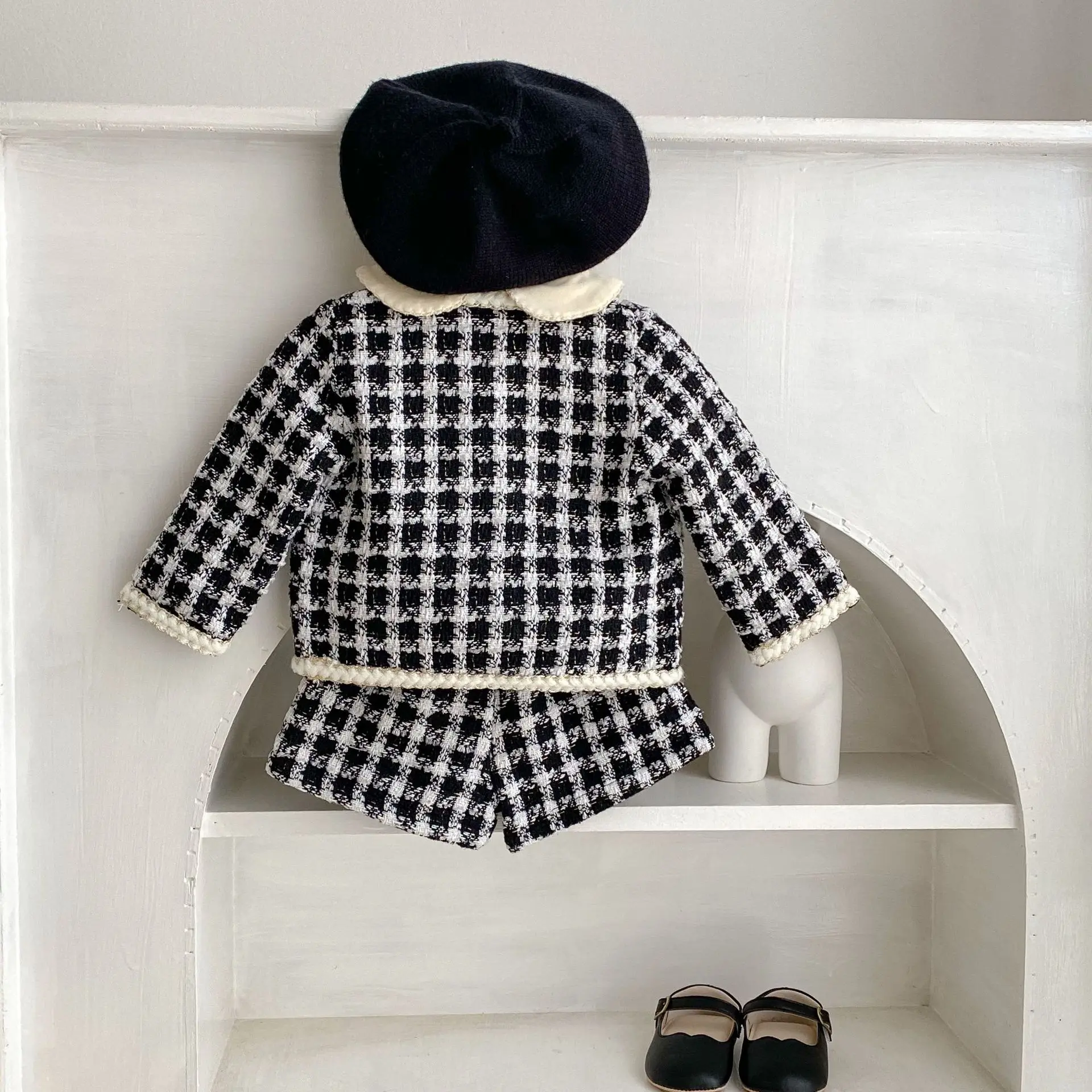 Girl Clothing Set 2023 Spring Baby Tweed Plaid Girl\'s Two Piece Suit Jacket+ Short Pants Sweet Girl\'s Suit