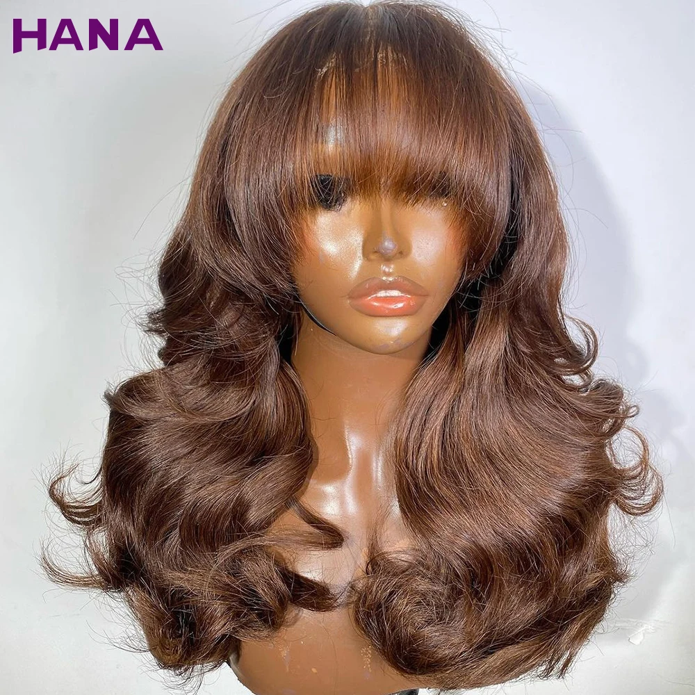 

Brown Ginger Reddish Color Body Wave With Bangs 13x4 Lace Front Wig Brazilian Remy Human Hair Wig For Women 5x7 Lace Closure Wig