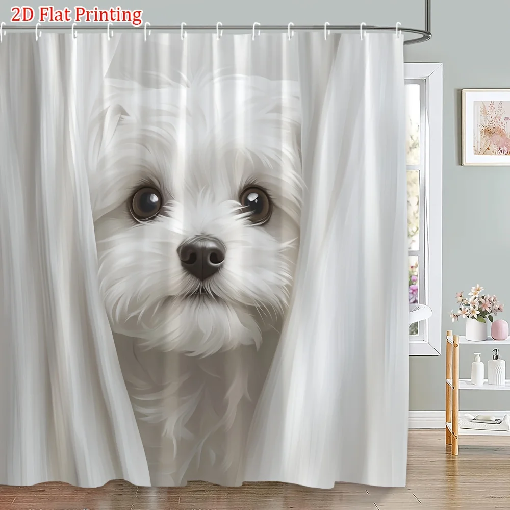 2D Flat, 2D Flat, [2D Flat Printing] 1pc White Dog Shower Curtain Fluffy Pet Peeking Through Curtains Expressive Brown Eyes Cozy