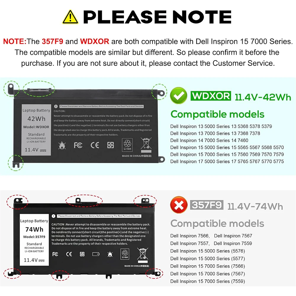 WDX0R WDXOR Battery for Dell Inspiron 13 7375 7368 7378 5368 P69G 15 7573 7579 7560 7570 7569 5565 17 5765 5767 5770 P58F P66F