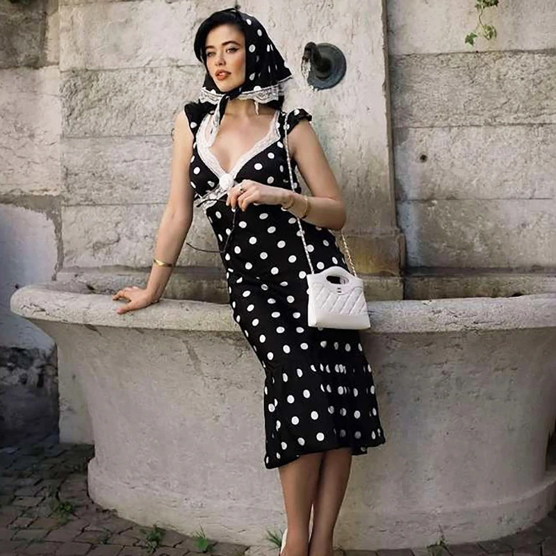 

Ticketsx Lace Patchwork Polka Dot Slim Long Dress Women Summer Fashion V-Neck Backless Sleeveless Dress Date Birthday Vestidos