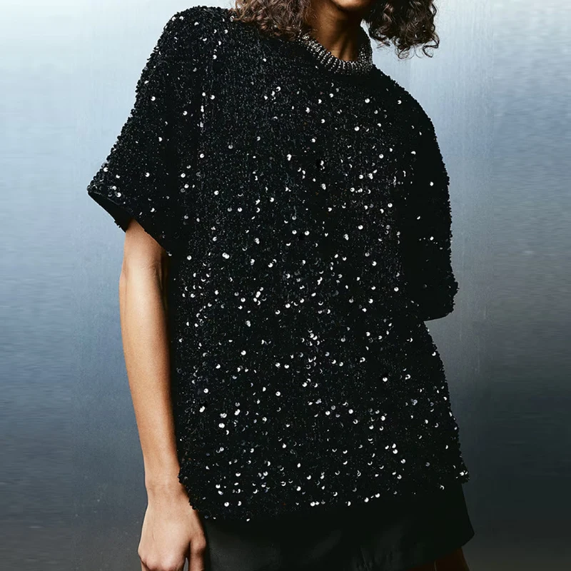 Simple Elegant Night Club Glitter Slim Pullover Harajuku Women's Short Sleeve Blouse Ladies O-Neck Shinny Sequins Beautiful Tops