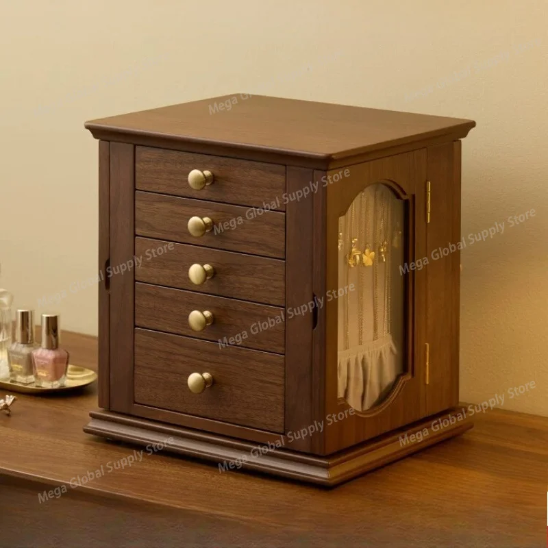 

Rotating Solid Wood Jewelry Box Large Capacity Retro Black Walnut Wood High Grade Jewelry Storage Organizer for Gold Accessories