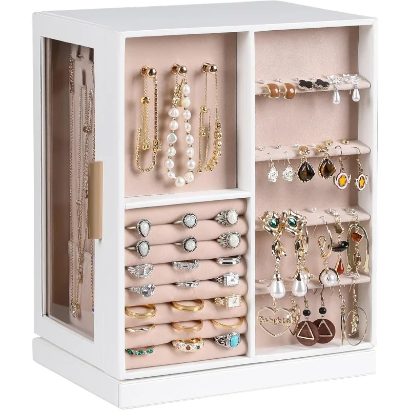 

360° Rotating Jewelry Box,PU Leather Jewelry Organizer with 6 Drawers,Large Jewelry Storage,Clear Window,Golden Handle