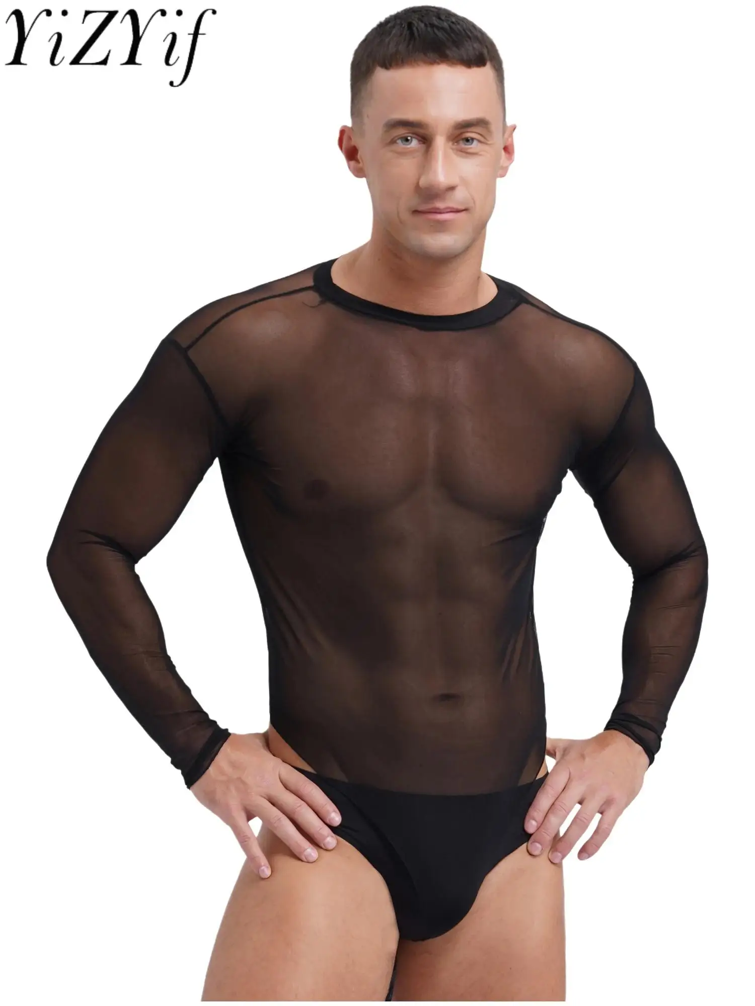 Body de malla transparente para hombre, camiseta Sexy de manga larga con cuello redondo, ropa interior de corte alto para Fitness