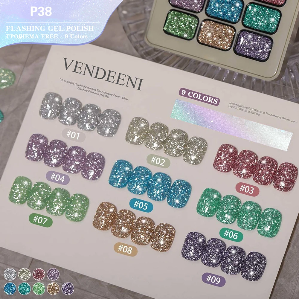 Vendeeni 9 Grid Flash Broken Diamond Painting Gel Nail Polish Gold Silver Gel Varnish Fine Glitter Pat Gel Lacquer Palette