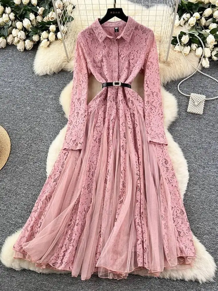 Frauen Französisch Vintage Elegante Kleid Herbst Winter Häkeln Spitze Patchwork Mesh Unregelmäßige Lange Kleider Damen Hemd Lange Robe
