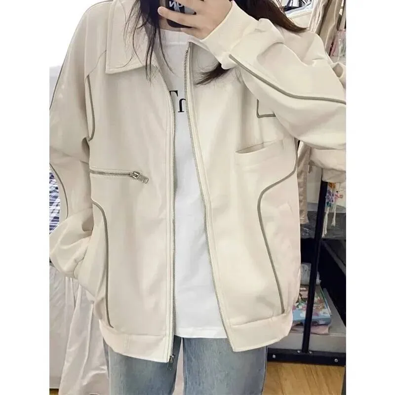 

Korean PU Leather Jacket Women's Spring Autumn New Design Niche Hong Kong Style Chic Motorcycle Clothing