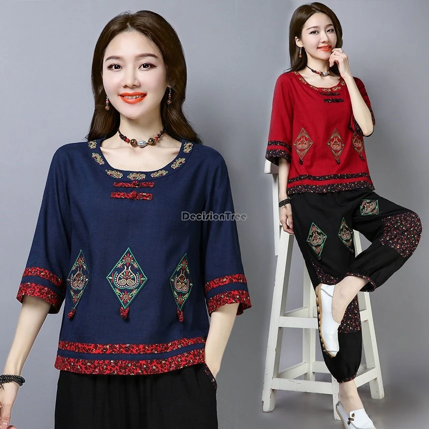 2024 chinese style women's spring summer new national style embroidered disc buckle loose cheongsam top retro cotton blouse b168