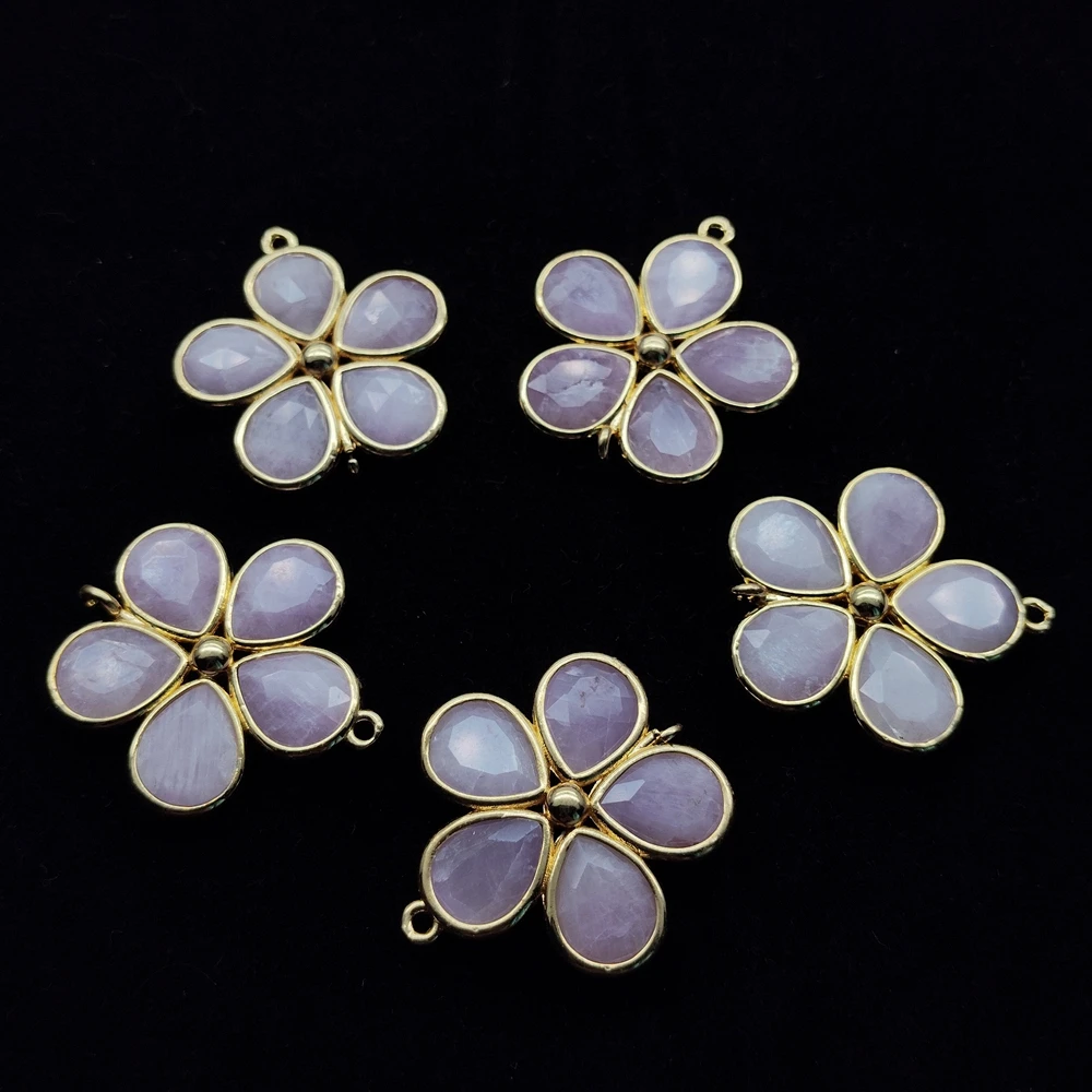 

5 Pcs Pink Kunzite Flower Shape Gemstone Double Loops Natural For Jewelry Findings